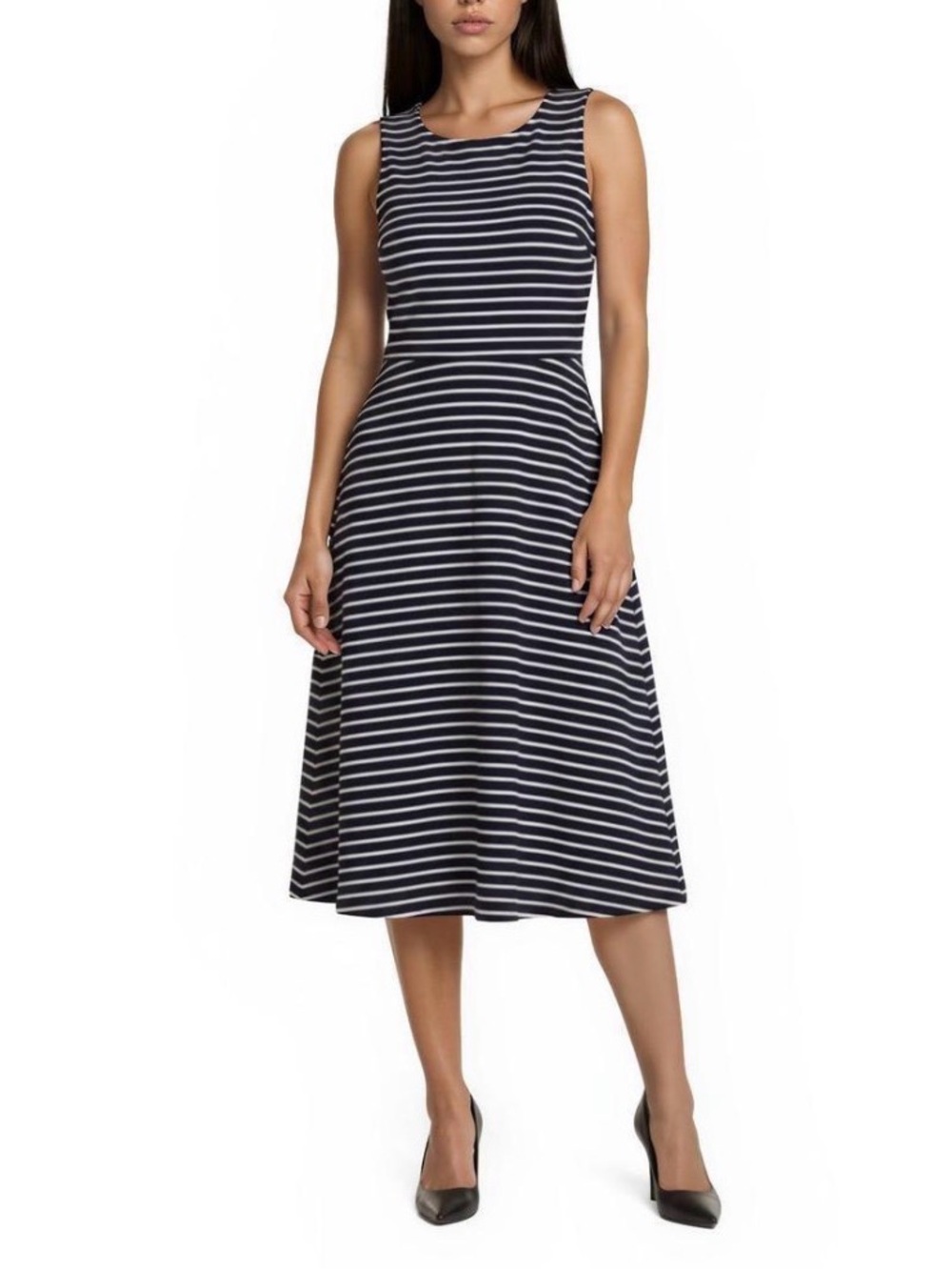 Talbots Navy White Striped Fit Flare Dress Size 10 Sleeveless Pleated Cotton